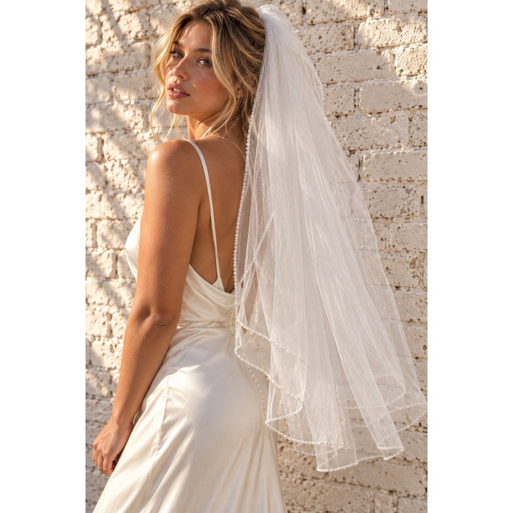 Vintage White Tulle Rhinestone Edge Wedding Veil Y2K Fingertip One Size